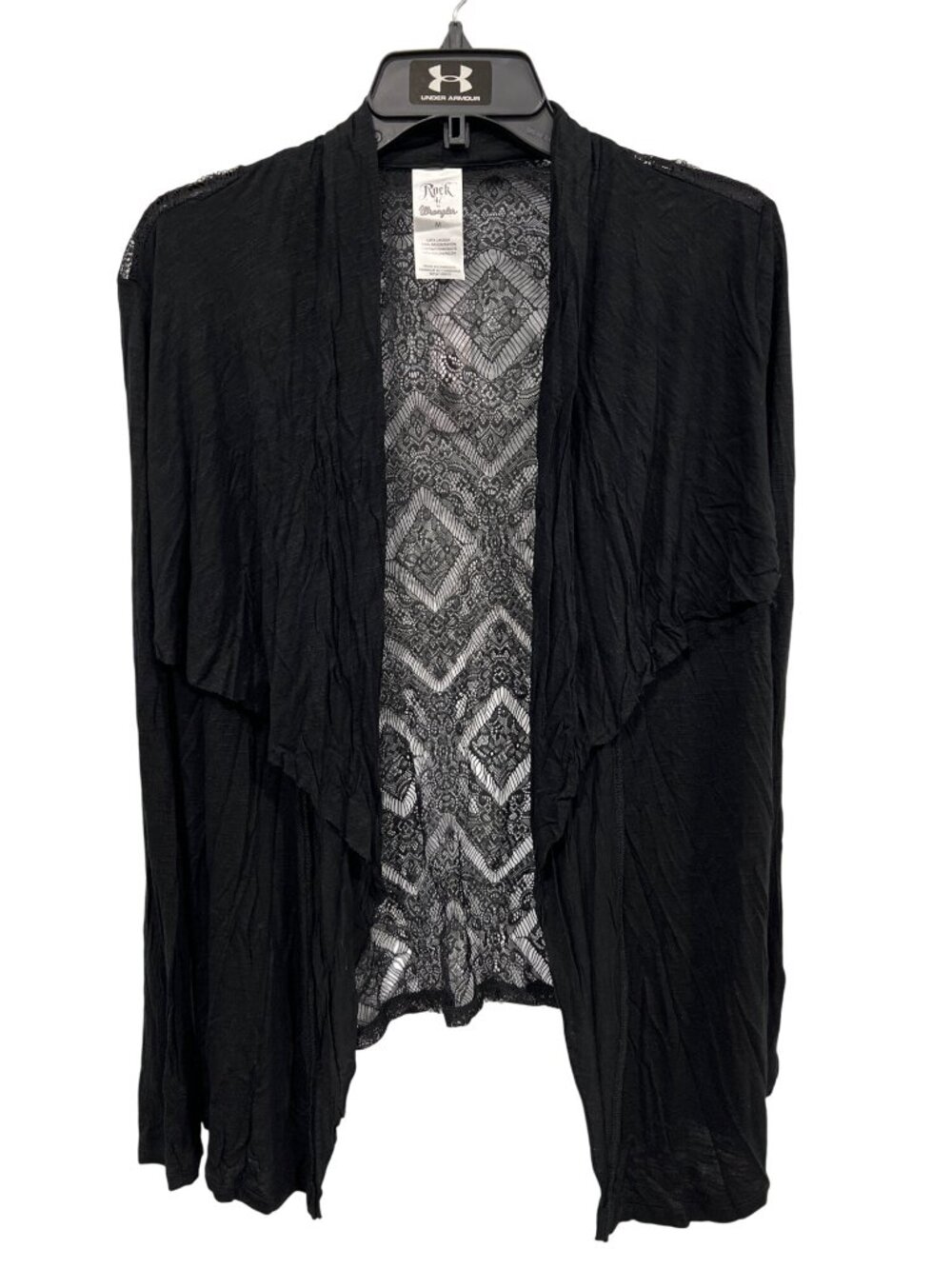 Rock 47 By Wrangler Cardigan Sweater Medium Open Front Lace Back Black Grunge